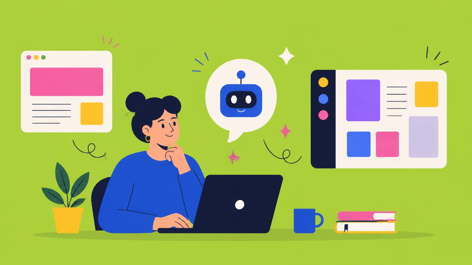 Flat illustration of a person at a desk with a browser window on one side and a desktop app window on the other, an AI speech bubble between them