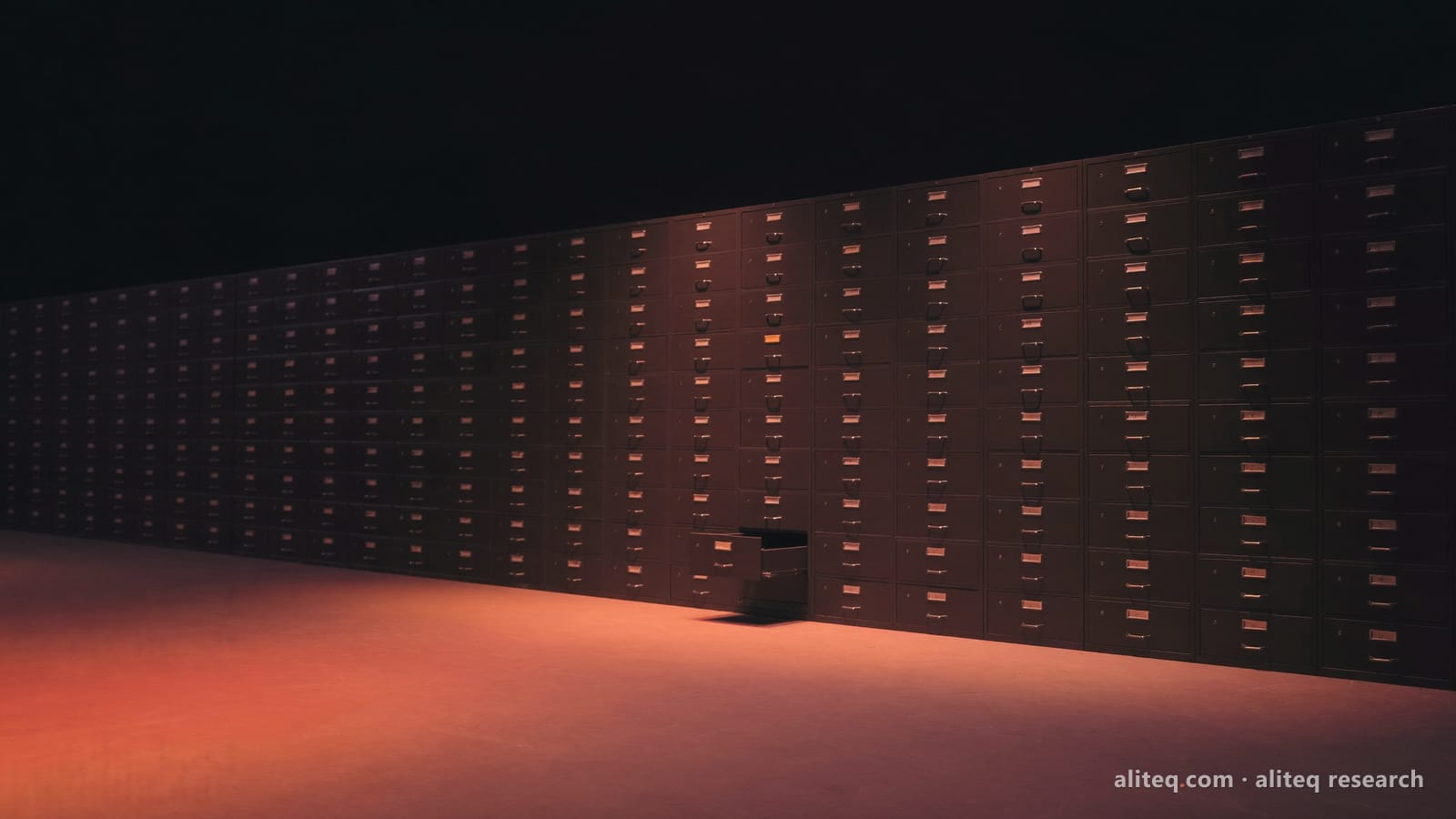 Photograph of a long line of identical unmarked freight containers at dawn with one container open and glowing warm light