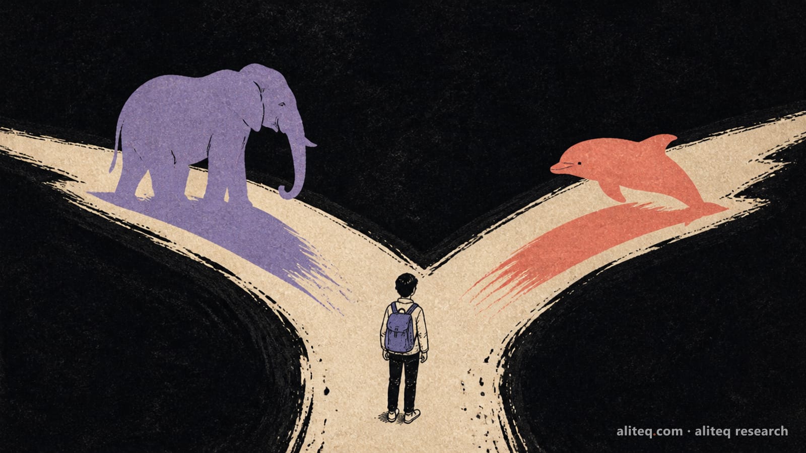 Editorial illustration of a traveler with a backpack at a fork in a path, a lavender elephant on the left branch and a coral dolphin on the right