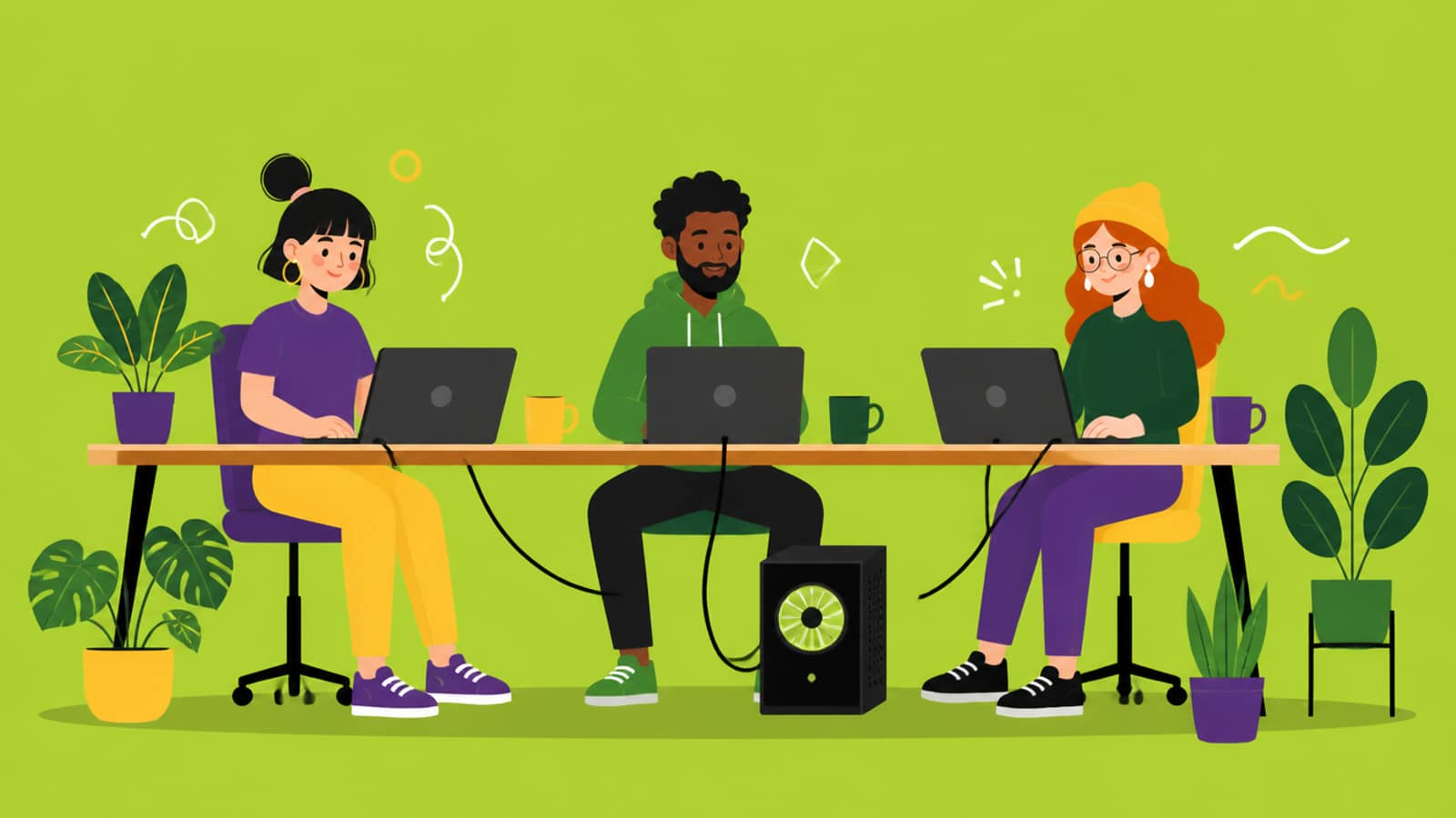 Flat illustration of three developers at a shared desk, their laptops cabled to one small desktop machine underneath