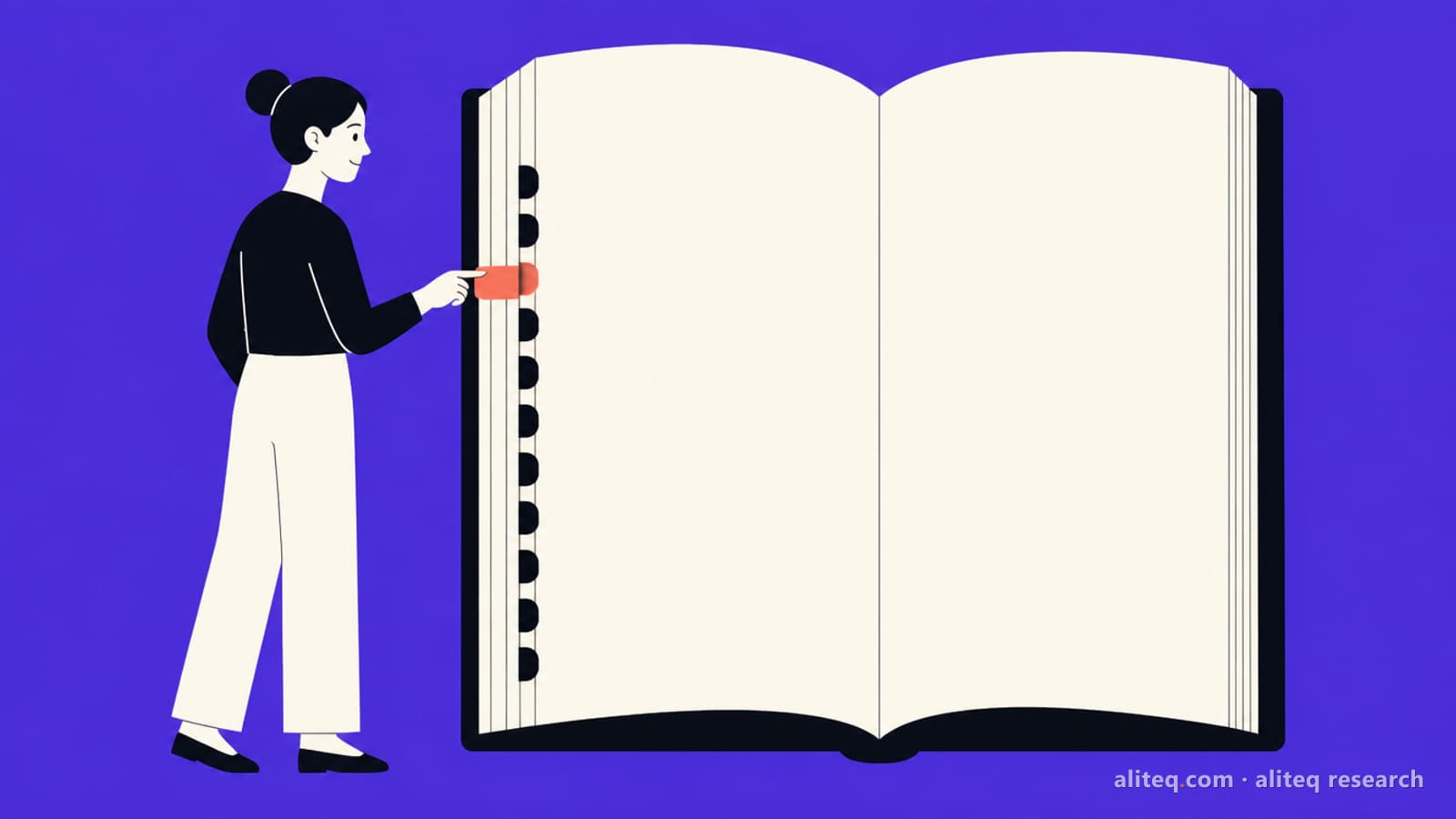 Flat illustration of a person pointing at one coral tab on the edge of a giant open book