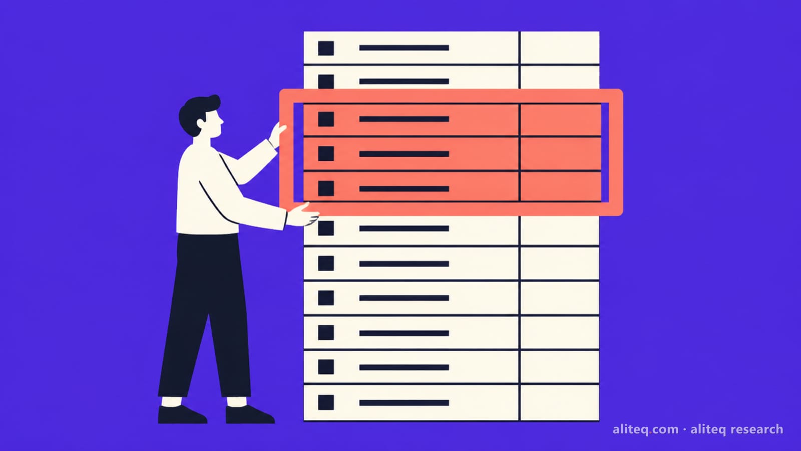 Flat illustration of a person holding a coral frame over three highlighted rows in a tall stack of table rows