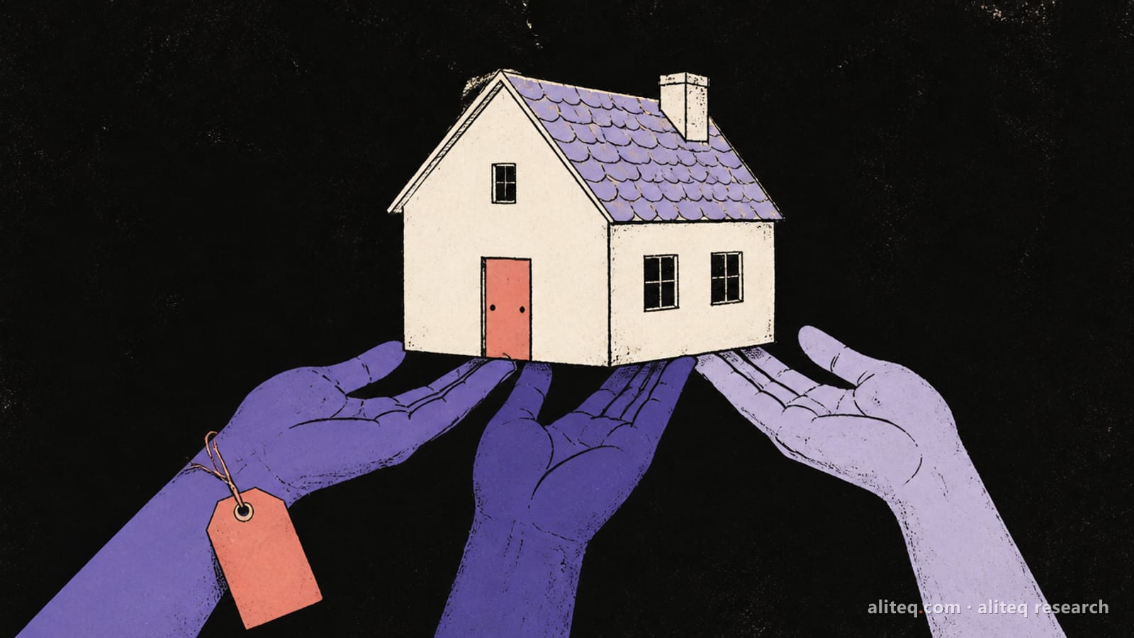 Hand-drawn editorial illustration of a small off-white house with a coral door held up by three violet and lavender hands against a near-black background, a blank coral price tag tied to one wrist